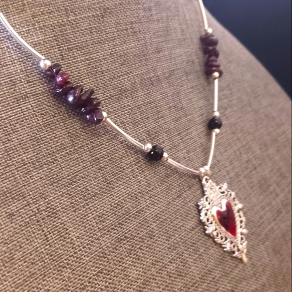 Handmade Sacred Heart Necklace w/ Garnets and Black Agate - New Item (17"-20") - Picture 4 of 5